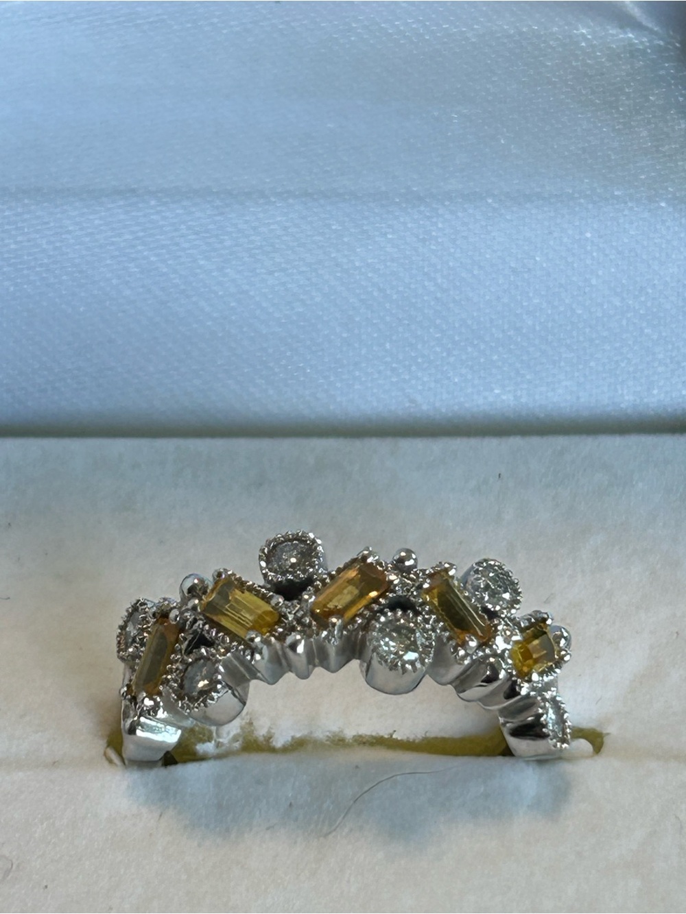 Effy 14k white Gold Yellow Sapphire and Diamond Ring Size 7